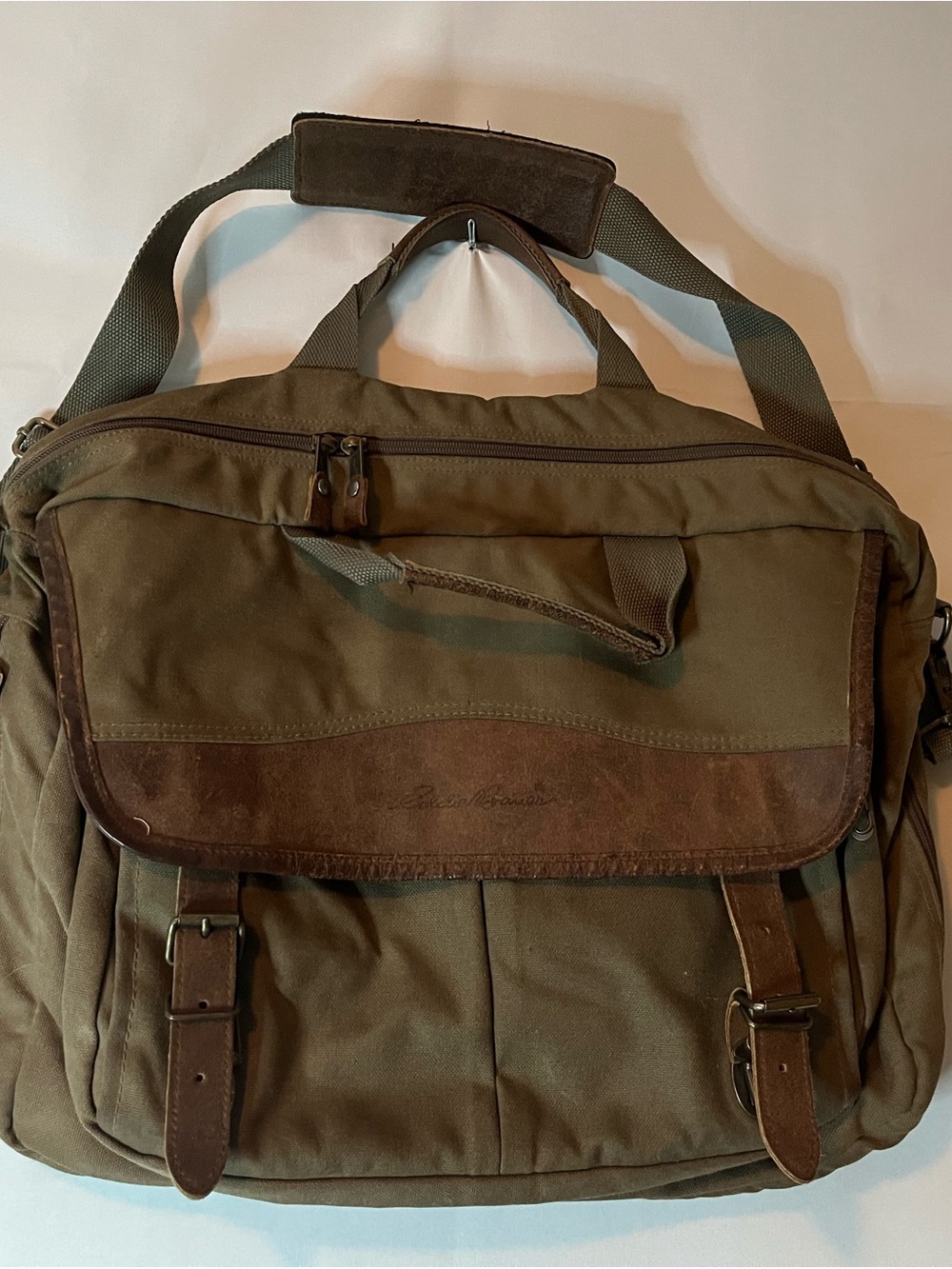 Eddie Bauer Olive Green Canvas Messenger Bag with Brown Leather Trim